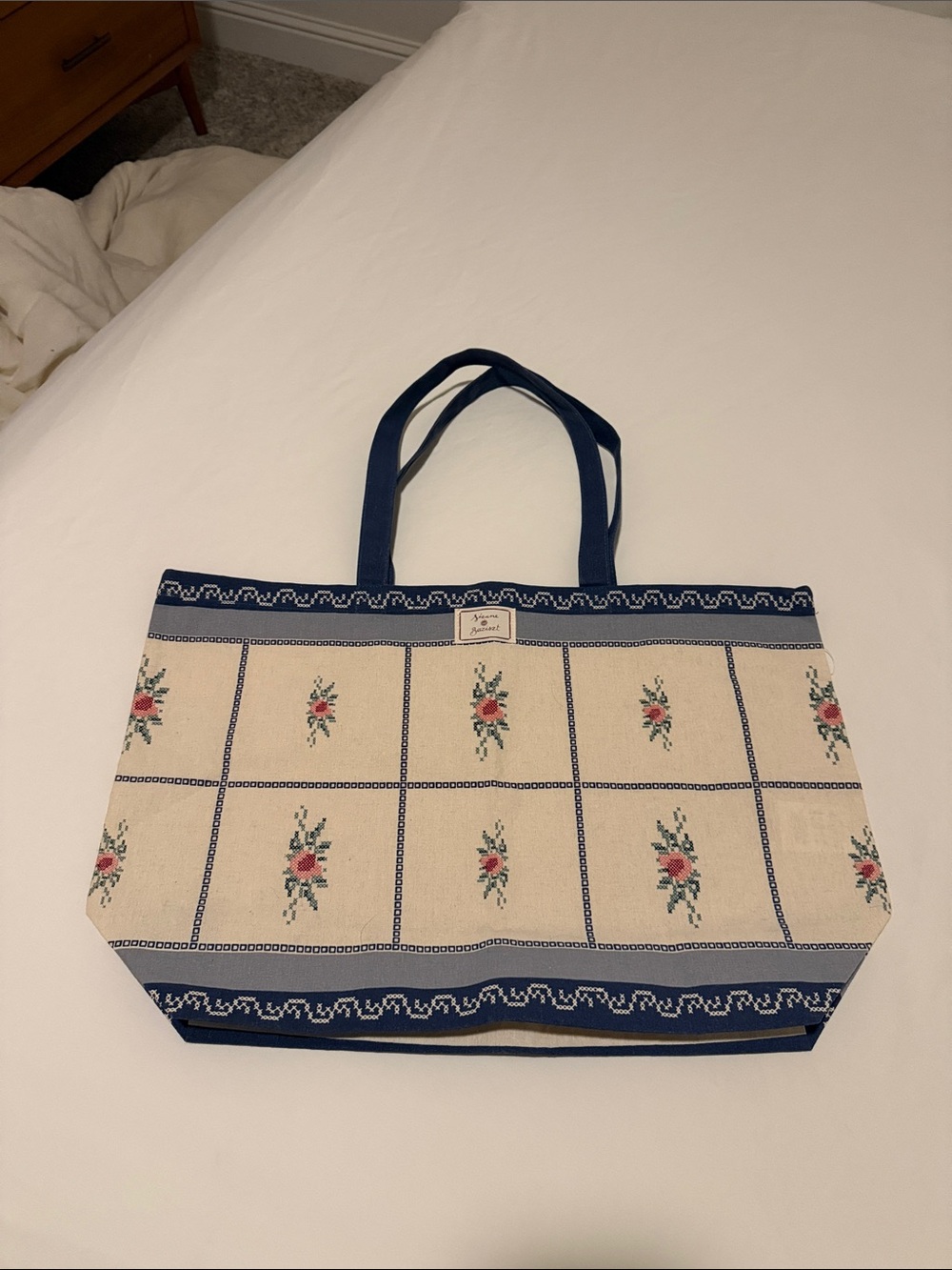 Sezane Tote Bag with Blue Trim and Floral Embroidery Pattern
